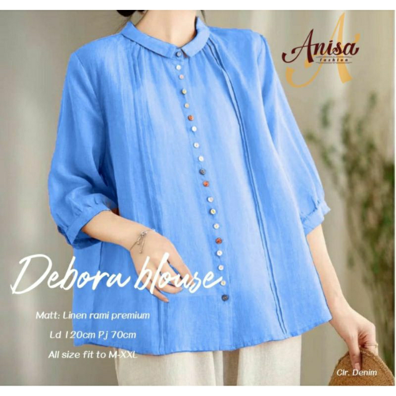 BLUE DENIM debora Blouse katun linen OVERSIZE kemeja wanita polos by Annisa
