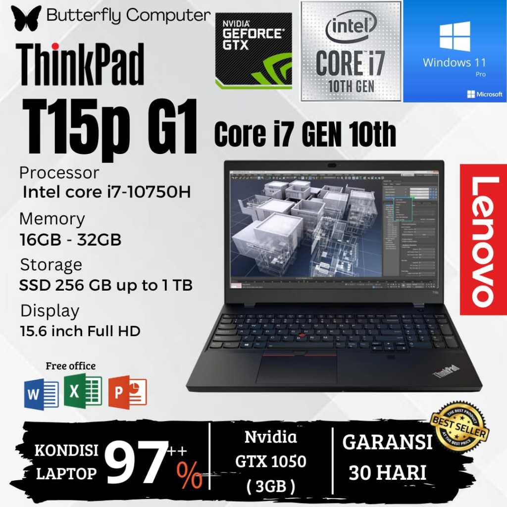 Laptop Lenovo ThinkPad T15p G1 Core i7 Gen 10Th - RAM 32GB SSD 1TB - Nvidia GTX 1050 3GB - FULLHD - 