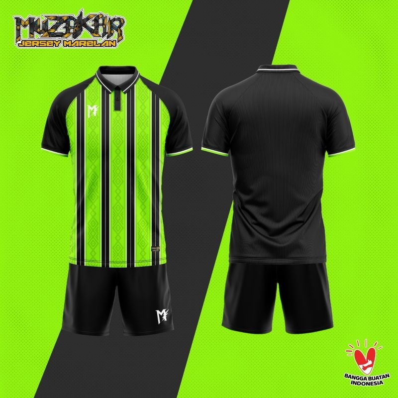 MUZAKAR Baju Futsal Setelan Stelan Jersey Bola Motif  Batik Hijau Stabilo, Bisa Sablon