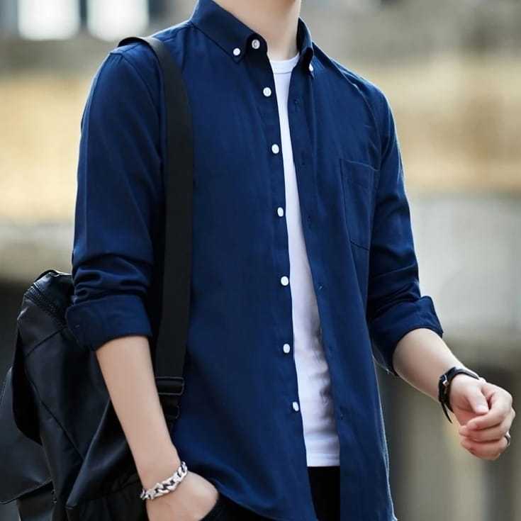 Zarazura Kemeja Pria Lengan Panjang Biru Tua Slimfit Casual Formal Baju Kerja Kantor Resmi Kekinian
