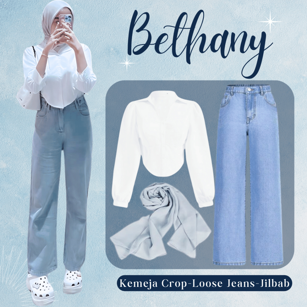 Bethany Outfit - Outfit 1 Set Loose Jeans (Kemeja Crop - Celana Jeans - Jilbab Bella Square) LP112