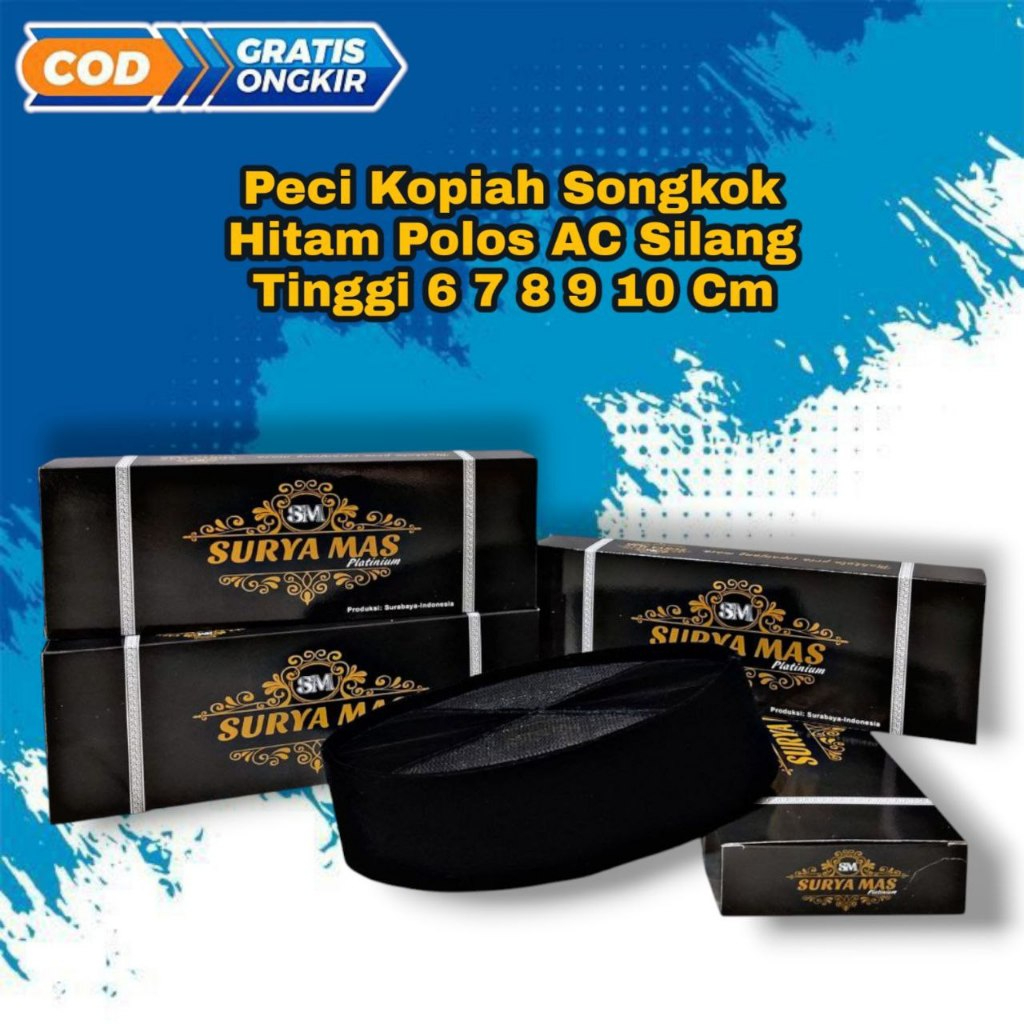 Peci Songkok Hitam AC Silang Surya Tinggi 5 6 7 8 9 Cm Halus Tebal Murah Kopiah Hitam Pria