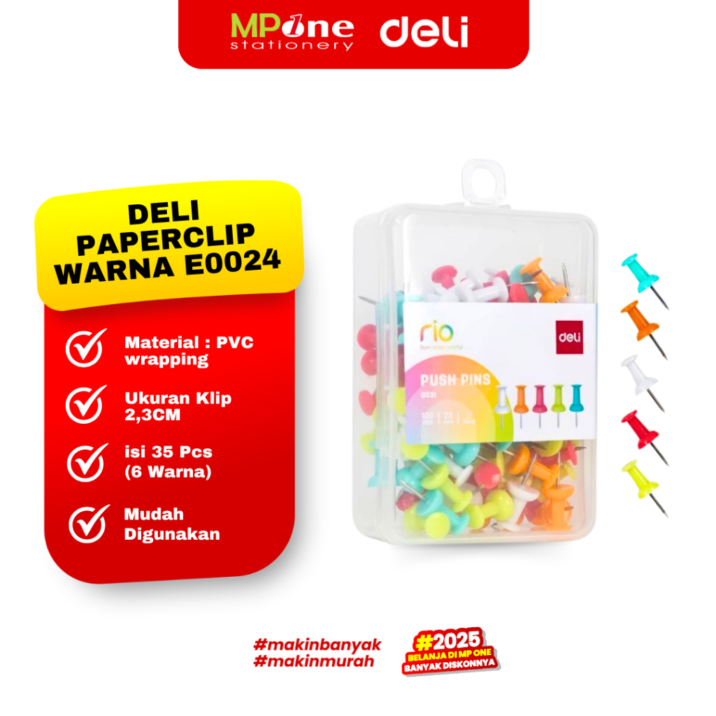 

(1 KOTAK) Deli Push Pin Warna E0021 / Paku Payung Styrofoam Warna Warni / Paku Pin Kertas Isi 35 Pcs DELI 0021