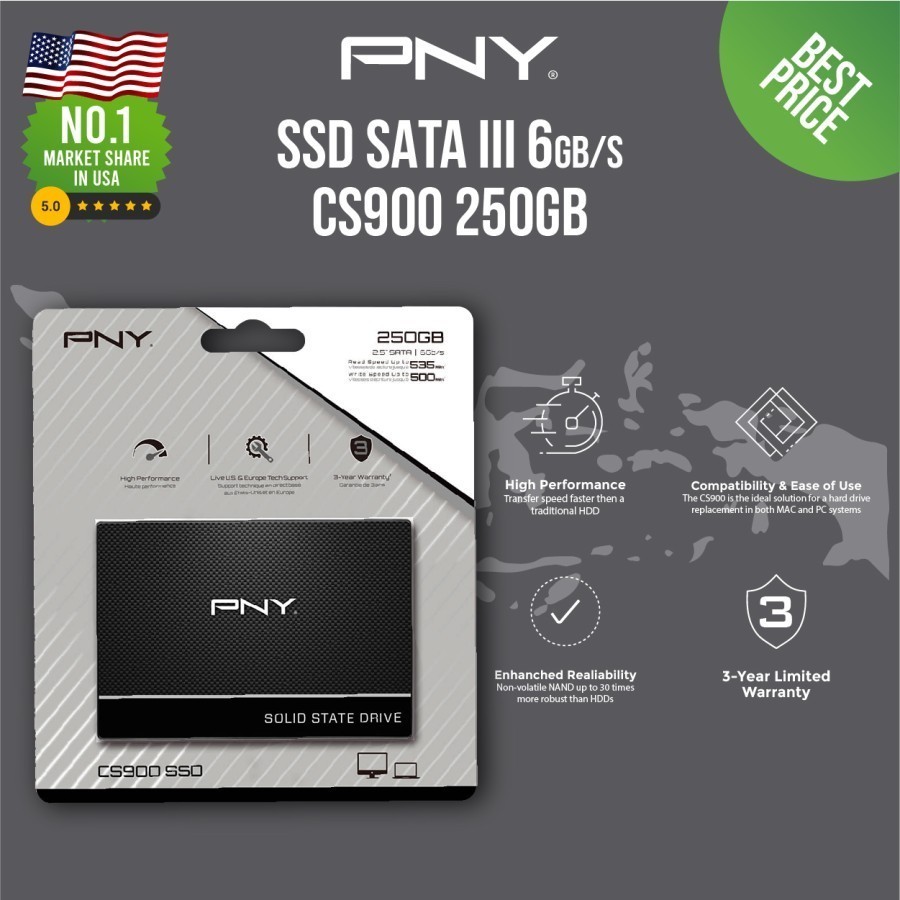 SSD PNY CS900 250GB 2.5" SATA III - SSD 250GB PNY CS900