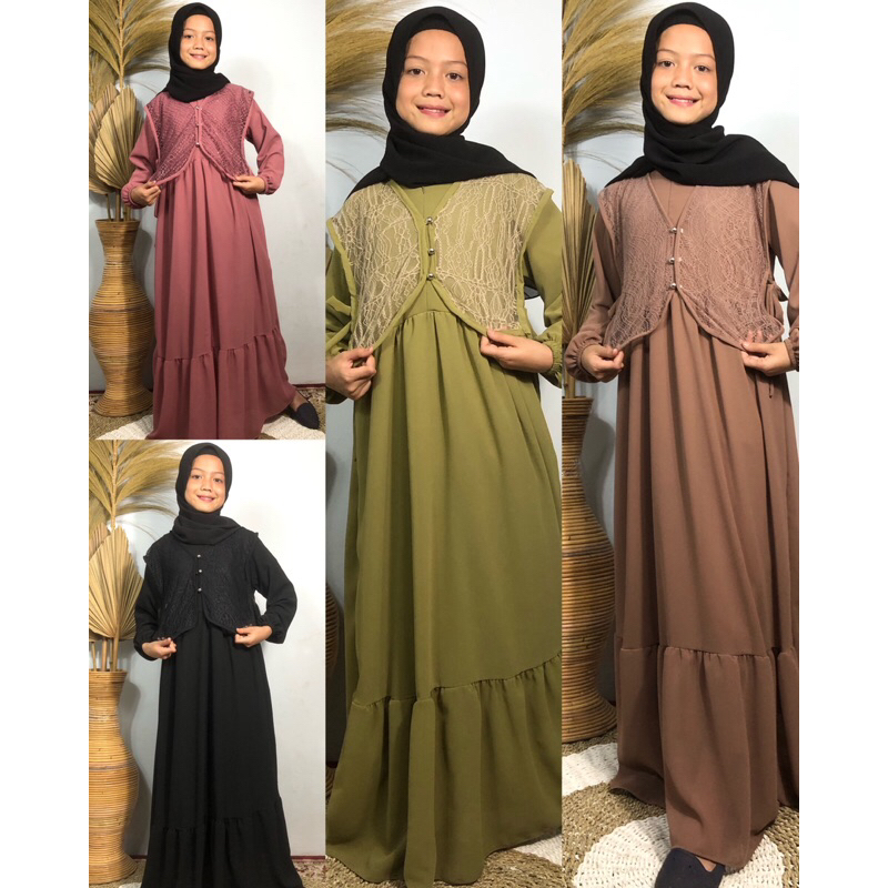 Gamis Syar'i Brukat Anak Ceruty Set Hijab Pashmina Rompi Face Jasmine 2 Gamis Cantik