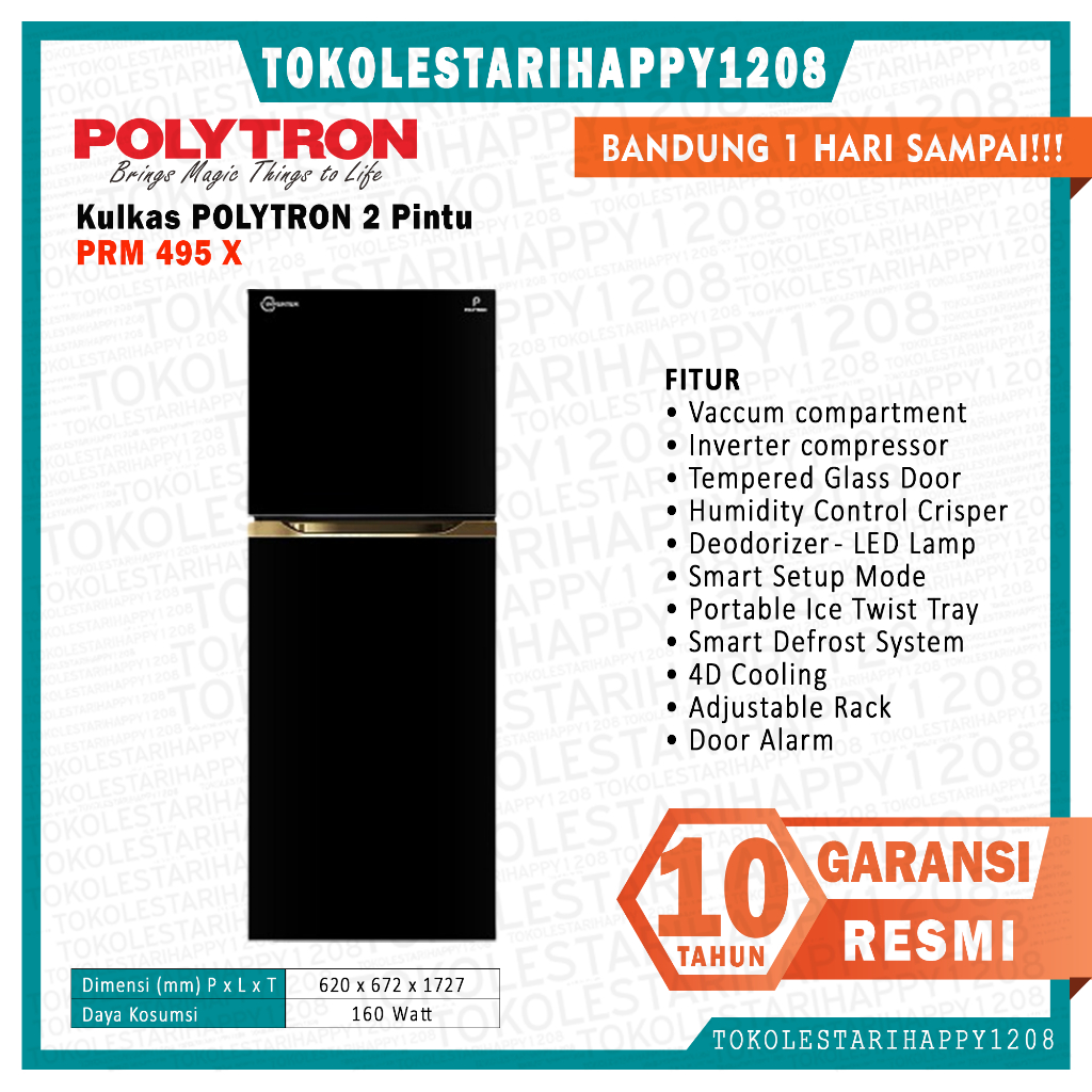 Kulkas POLYTRON Belleza Jumbo 2 pintu PRM 495 X Inverter Garansi Resmi Murah
