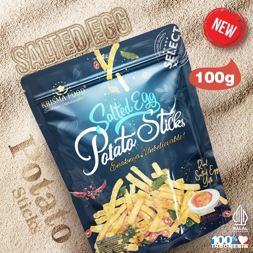 

SALTED EGG FISH SKIN / SALTED EGG POTATO STICK / SALTED EGG POTATO CHIPS / Salted Egg Potato Chips Spicy / SALTED EGG POTATO STICKS - POUCH 100GR / KRISMA FOOD