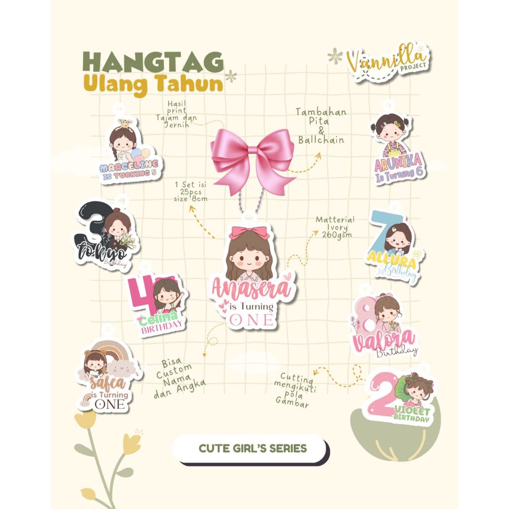 

25PCS HANGTAG ULANG TAHUN / TAG HAMPERS ULANG TAHUN HANGTAG CUTE GIRLS