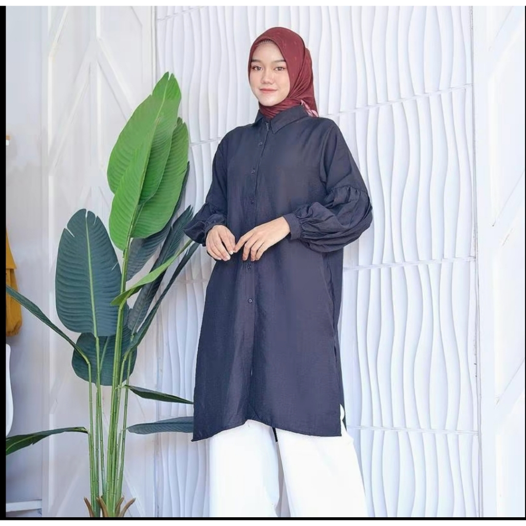 Long Dress Tunik Kemeja Polos Lengan Balon Bahan Shakila Twill By Azka Collection