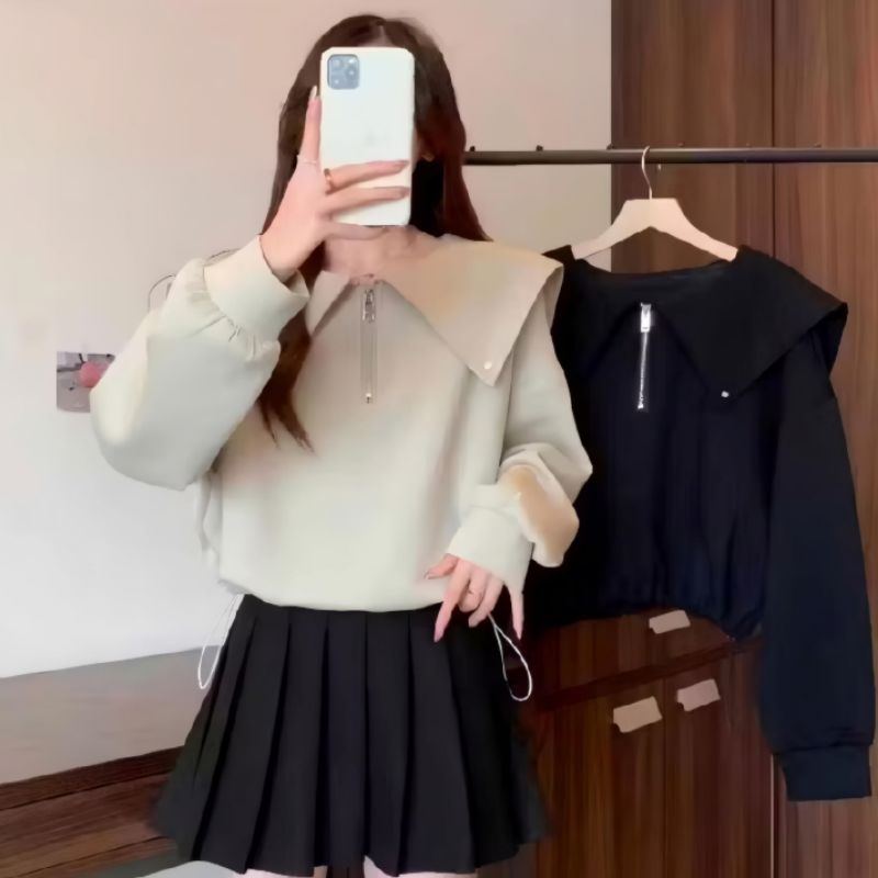 Sweater Nency Kerah Collar Seweater Tali Serut Wanita Korean Style Sweater Crop Half Zip Sweatshirt 