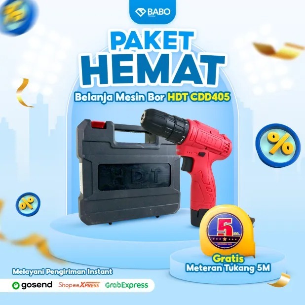 FREE Roll Meter 5M TERMURAH Bor baterai cordless 12v HDT CDD405 full set 2 baterai mata bor lengkap 