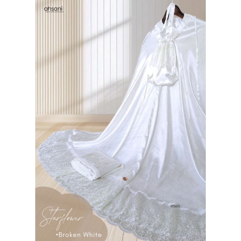 Mukena AHSANI Starflower Putih Dewasa Jumbo Dengan Bahan Armani Jaguar Renda tile Cantik Mewah Umroh