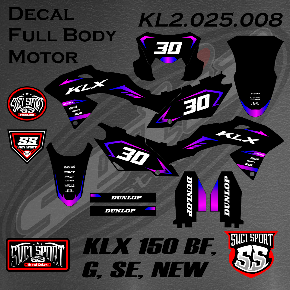 DECAL KLX BF / STICKER KLX HITAM UNGU KLX 150 BF G SE NEW, DESAIN FREE CUSTOM (KL2.025.008)