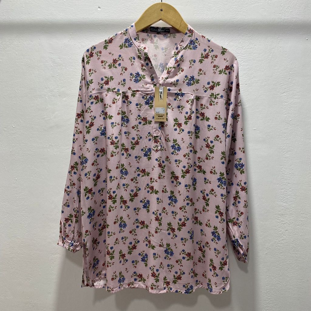 blouse atasan kemeja motif bunga-bunga baju wanita kekinian pakaian cewek lengan panjang