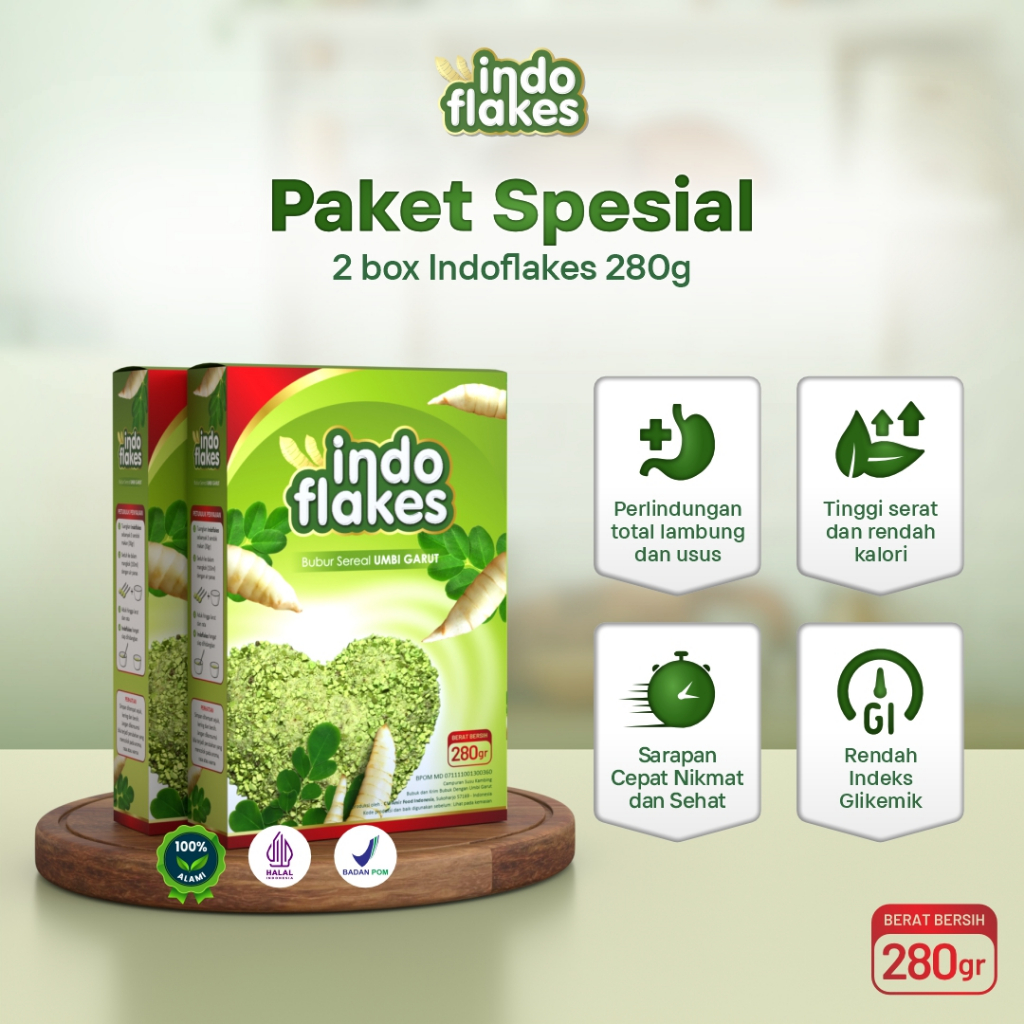 

Indoflakes Sereal Umbi Garut Sarapan Sehat Mengatasi Asam Lambung 2 Box Original