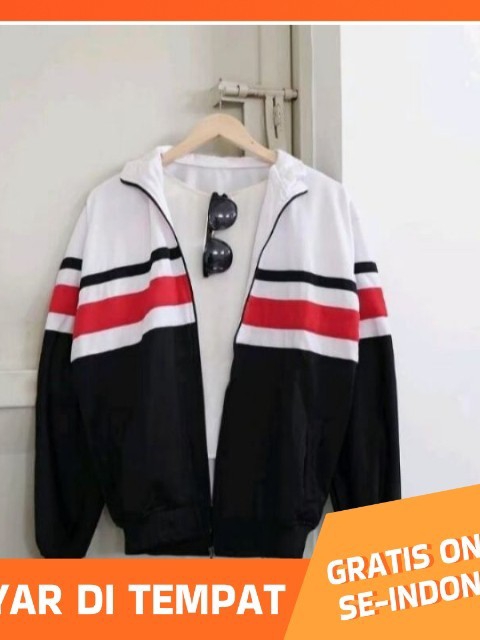 Jaket Tracktop Kombinasi Putih Hitam List Merah Strip Sporty Olahraga Pria