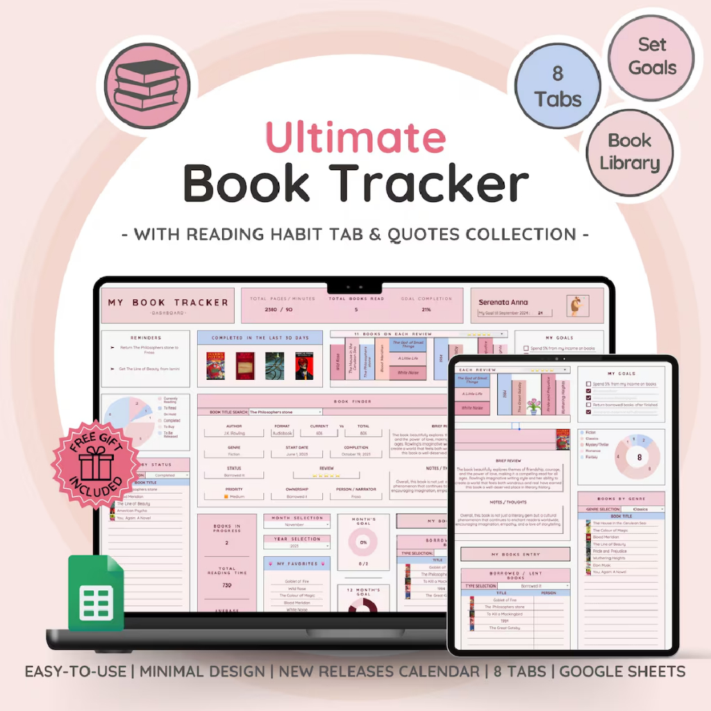 

Premium Template - Cloud Device Ultimate Book & Reading Tracker with Book Collection | Reading Planner and Book Review Spreadsheet | Great Gift for Book Lovers