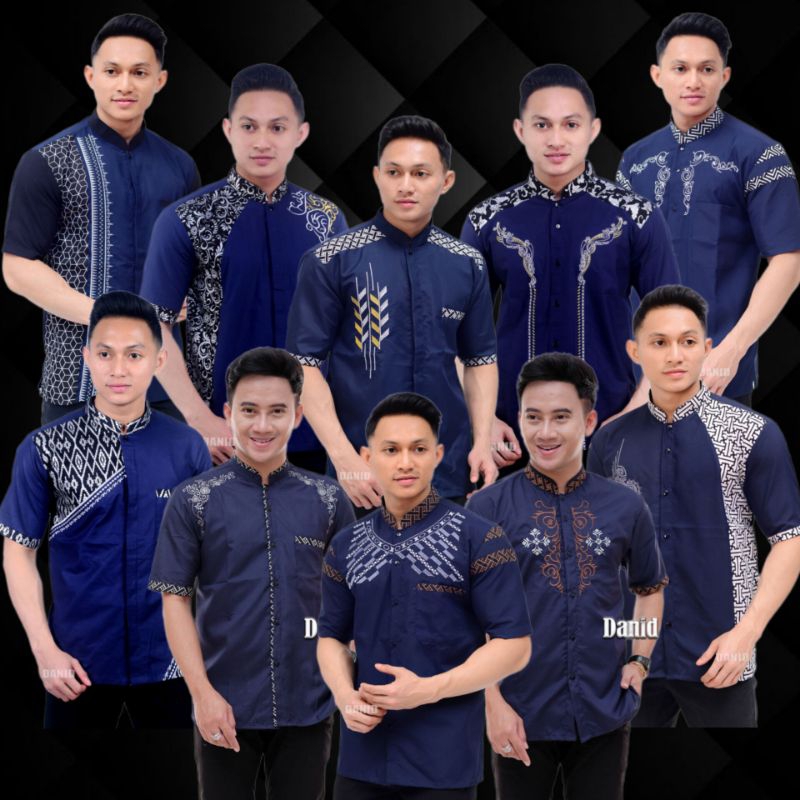 Baju koko Kemeja Shanghai Katun warna Navy Bordir Pria Dewasa Lengan Pendek  - Baju koko Dongker pol