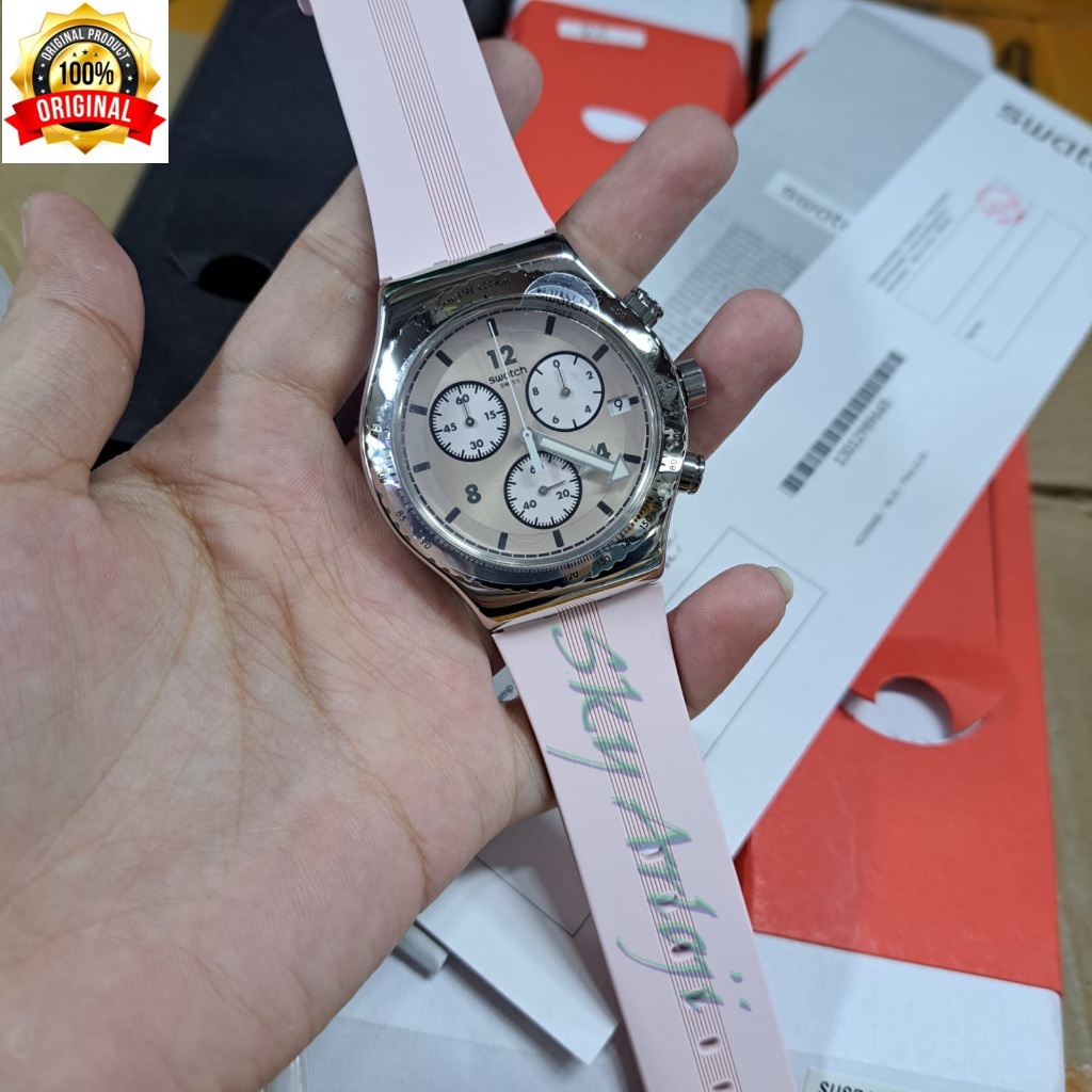 SWATCH YVS532 Poppingly Pink Jam Tangan Original