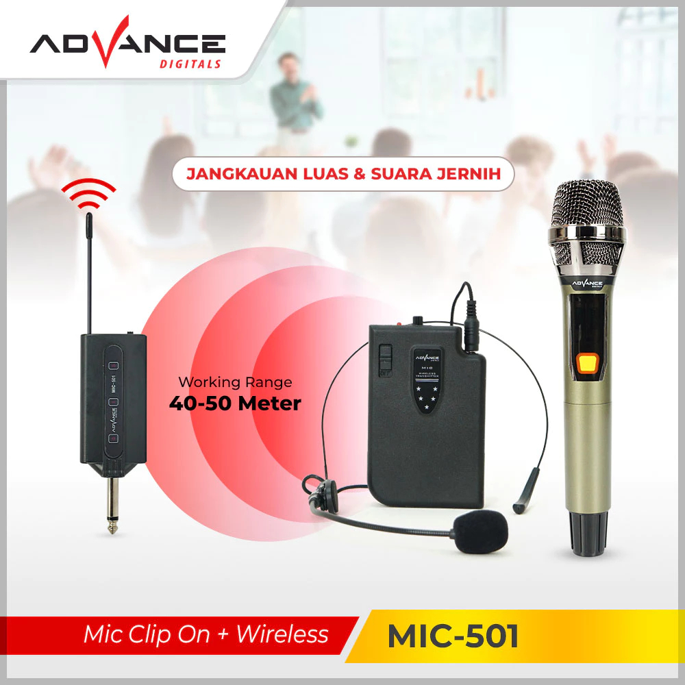 Advance MIC501 Mic Clip On Bando Wireless Microphone Headset Bluetooth BONUS Baterai AA 6 Pcs