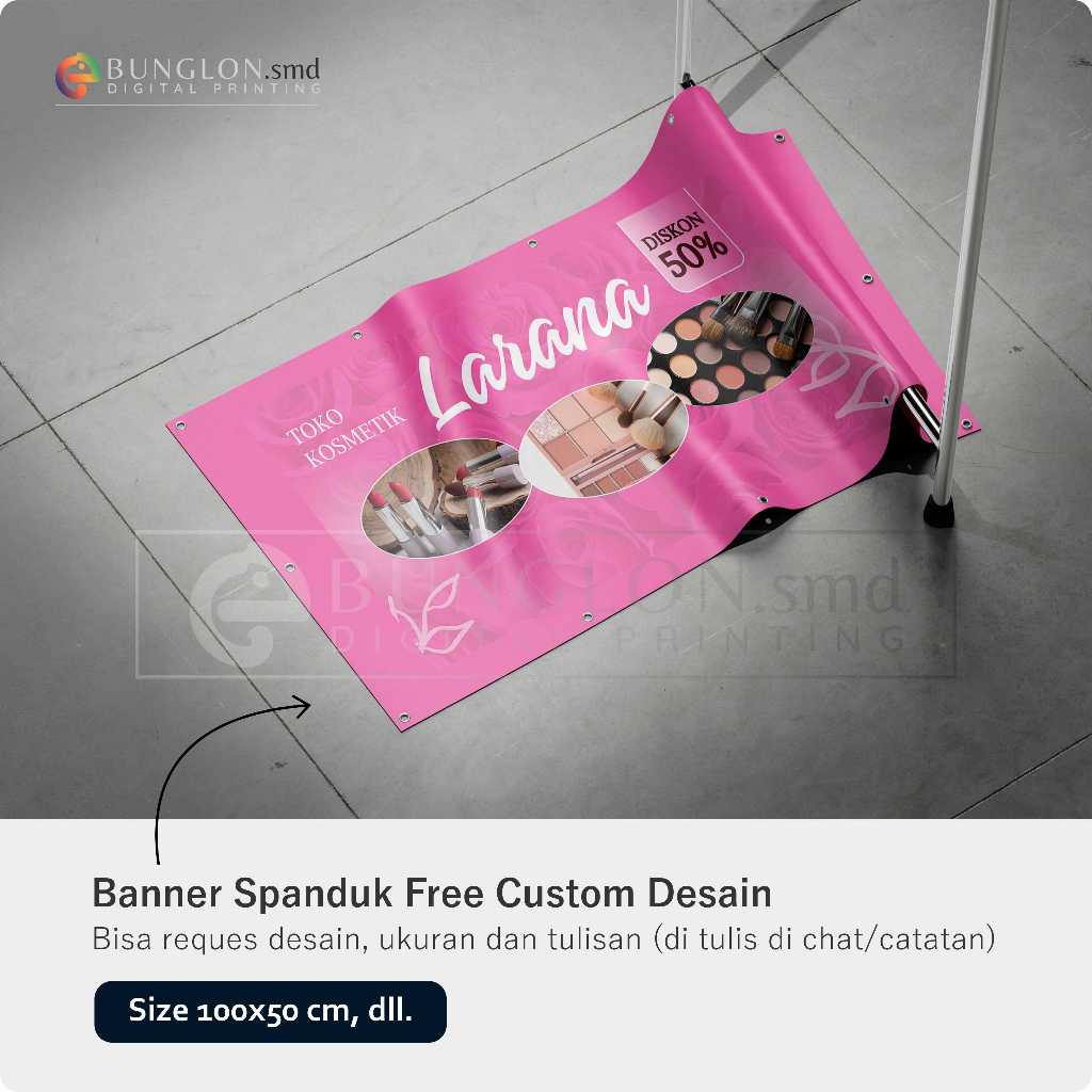 PRINT CETAK SPANDUK BANNER TOKO KOSMETIK WARNA PINK FREE DESAIN