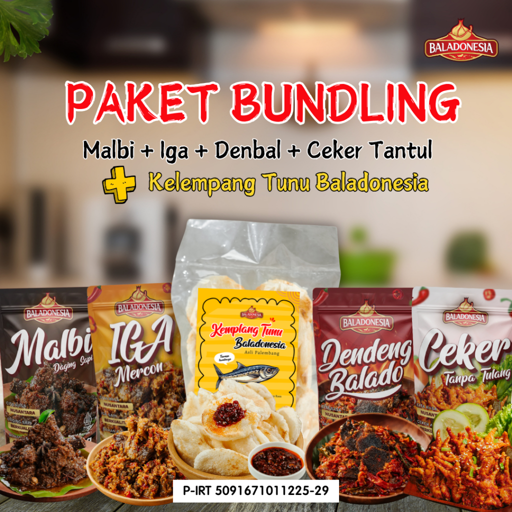 

Paket Bundling Baladonesia | Malbi Daging Sapi, Iga Mercon, Dendeng Balado, Ceker Tanpa Tulang / Kelempang Tunu Asli Palembang | makanan instan siap saji