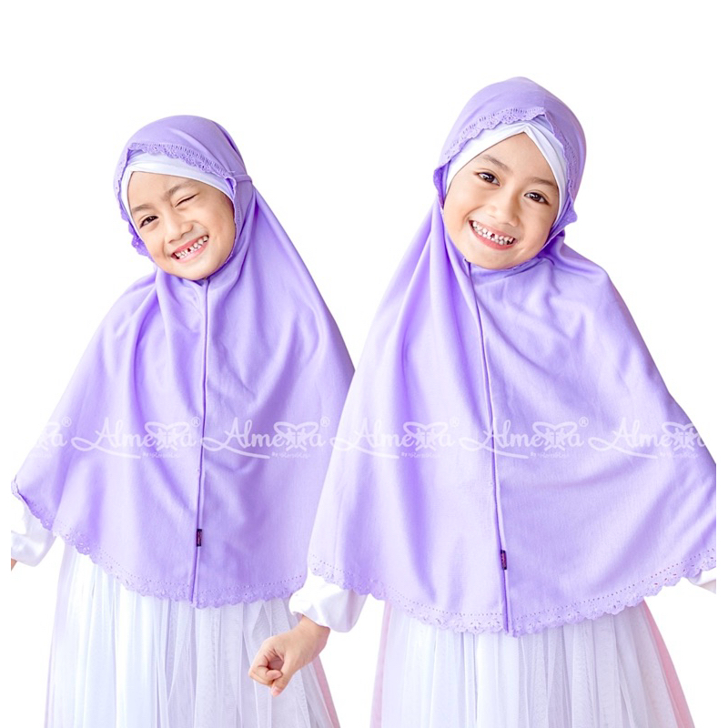 Almerra-Hijab JILBAB KERUDUNG INSTAN ANAK BERGO TALI  NON PAD MARYAM CUTTING LASER 4-12 TAHUN