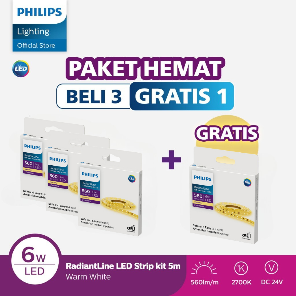 Beli 3 Gratis 1 Philips Radiantline LED Strip DLI320 5M 6W/M 2700K 24V Kuning