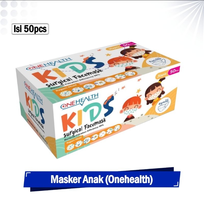 Masker Medis Anak 3ply Earloop OneHealth Surgical Face Mask Kids Box isi 50 Pcs