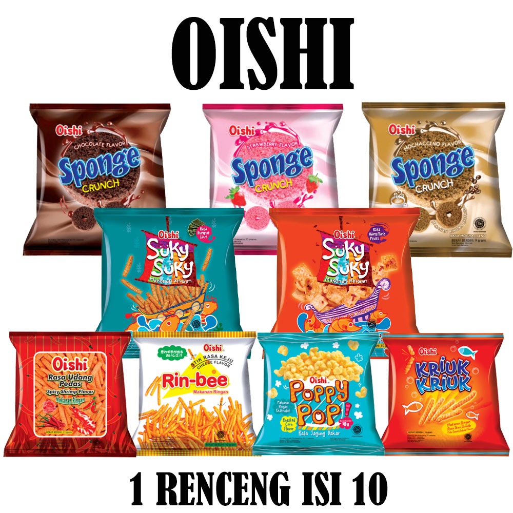 

SNACK OISHI SPONGE / RINBEE / SUKY / UDANG PEDAS / POPPY / KRIUK RENCENG ISI 10