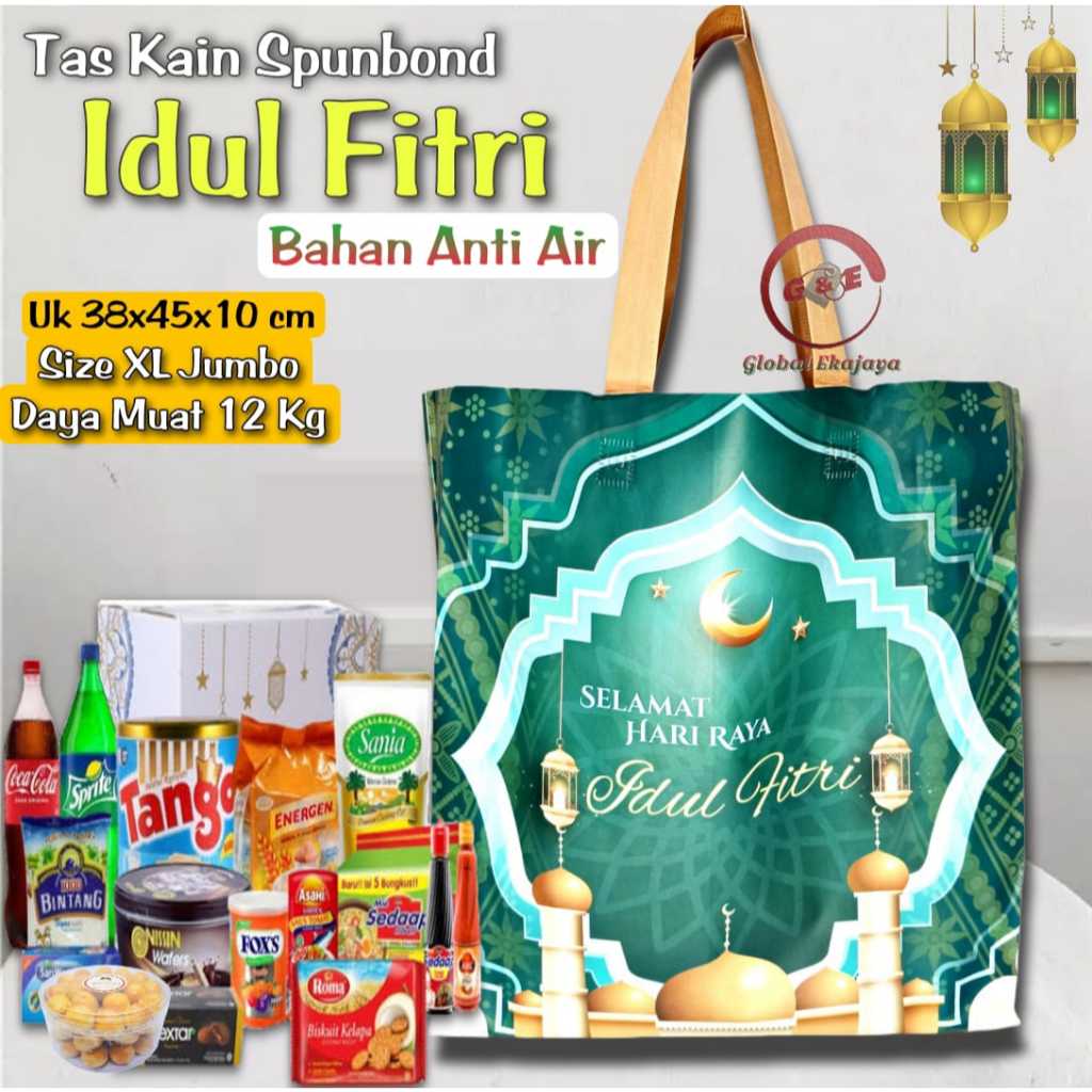 

12 Pcs Tas Kain Spunbond Idul Fitri Bahan Anti Air Jumbo 38x45x10 cm Kantong Parcel Hampers Lebaran