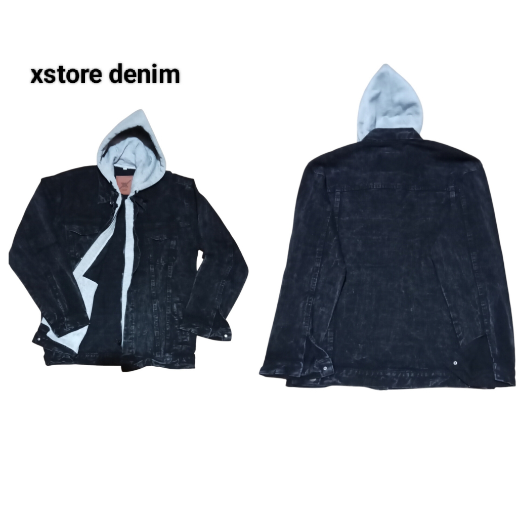 Jaket Jeans Denim Hoodie  Double Sleeting sandwash hitam