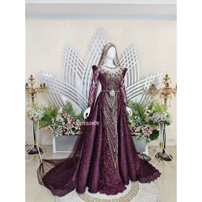 GAUN DRESS WEDDING BEREKOR / BAJU PENGANTIN SLIM EKOR / GAUN MUSLIMAH MODERN / KEBAYA PENGANTIN EKOR