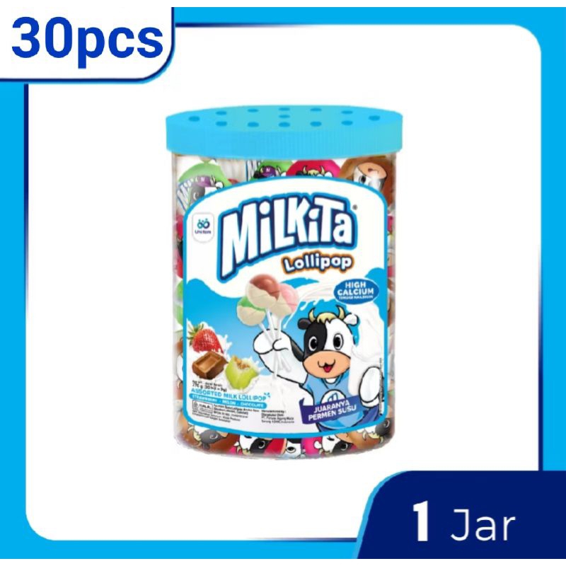 

Milkita Lollipop Jar Assorted Festive (1Jar: 30pcs) - Permen Milkita Toples Rasa Cokelat , Stroberi, & Melon / Permen Susu Tinggi Kalsium / Permen Rasa Susu / Permen Susu / Permen Lolipop Milkita / Jual Permen Susu / Milkita Murah / Permen Milkita