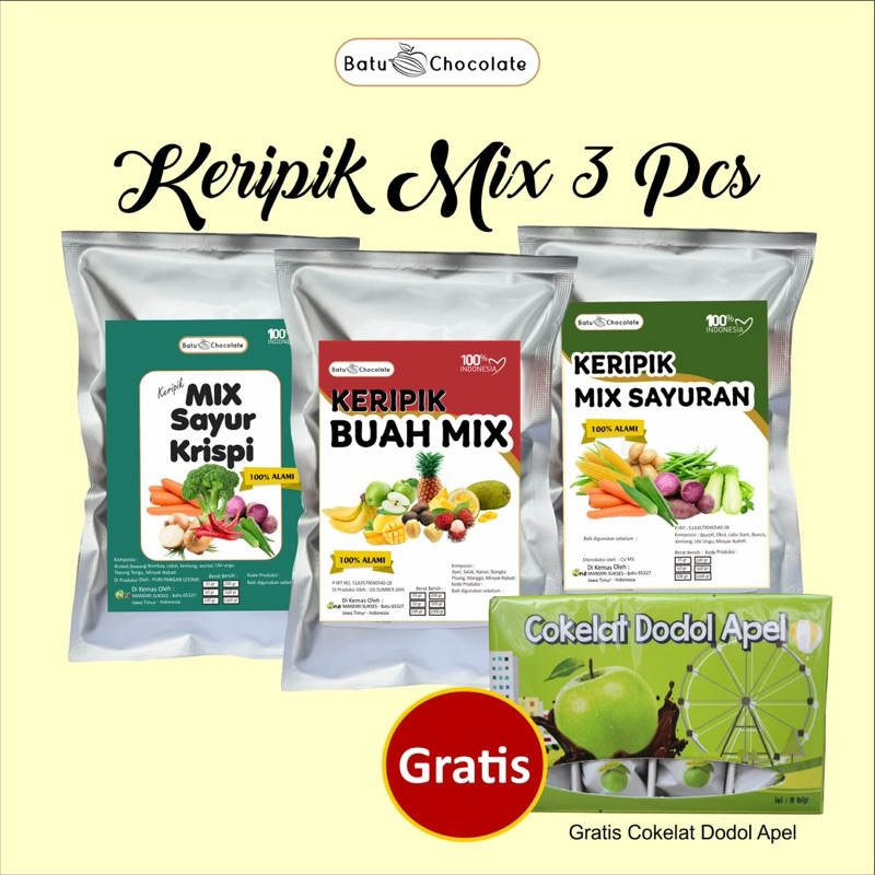 

Paket 3 pcs Keripik Mix 100 gram Berhadiah Cokelat Dodol Apel - Batu Chocolate - Oleh oleh Khas Malang Batu