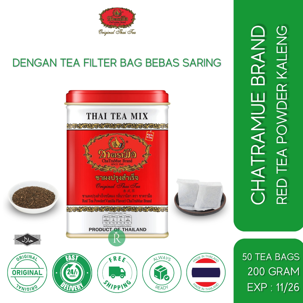 

Chatramue Brand Thai Red Tea Powder Kemasan Kaleng Isi 50 Kantong Berat 200 Gram Thailand