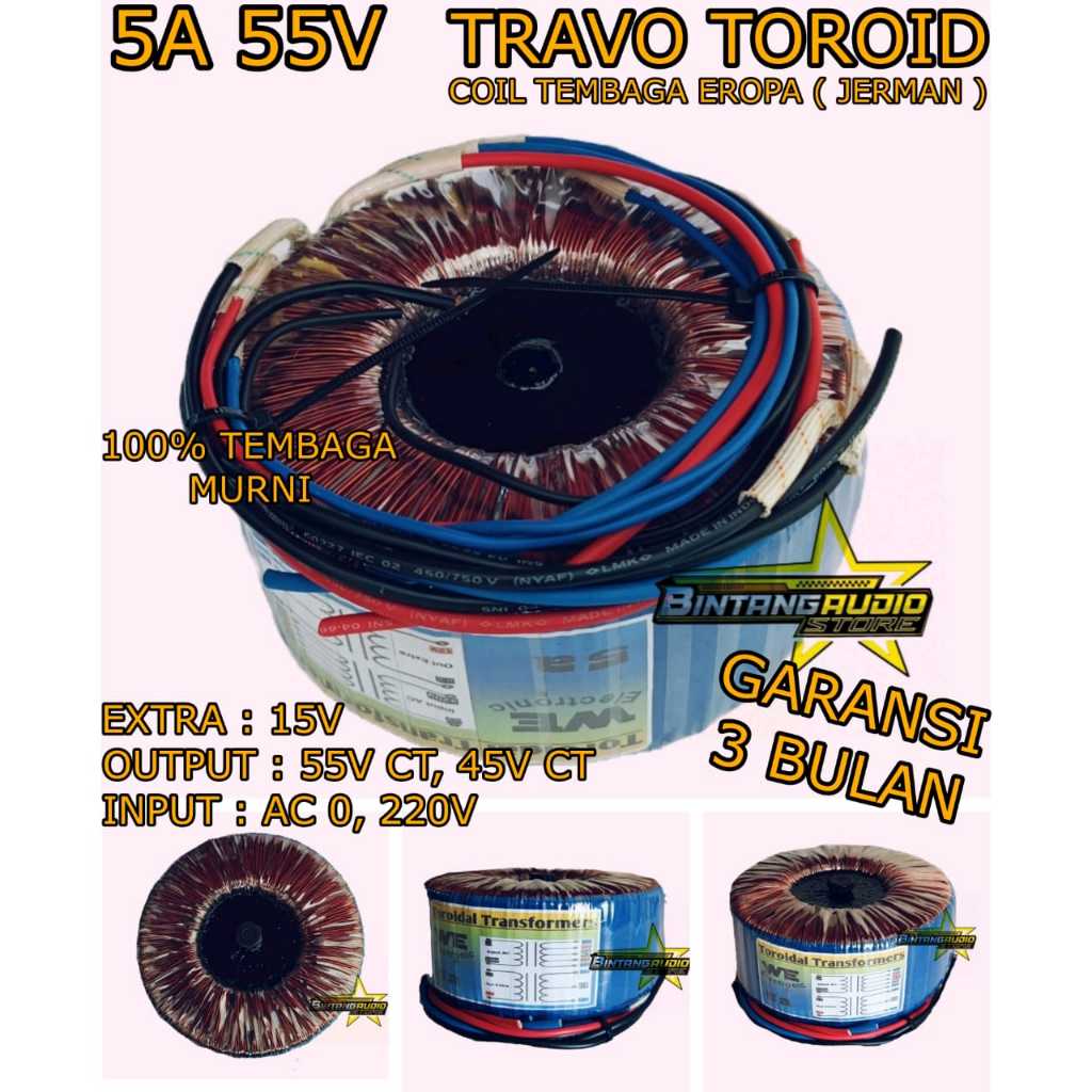 Trafo Toroid 5A Big / Travo Donat Teroid 5 Amper Besar CT 55V 45V Tembaga Murni HELENIC Jerman