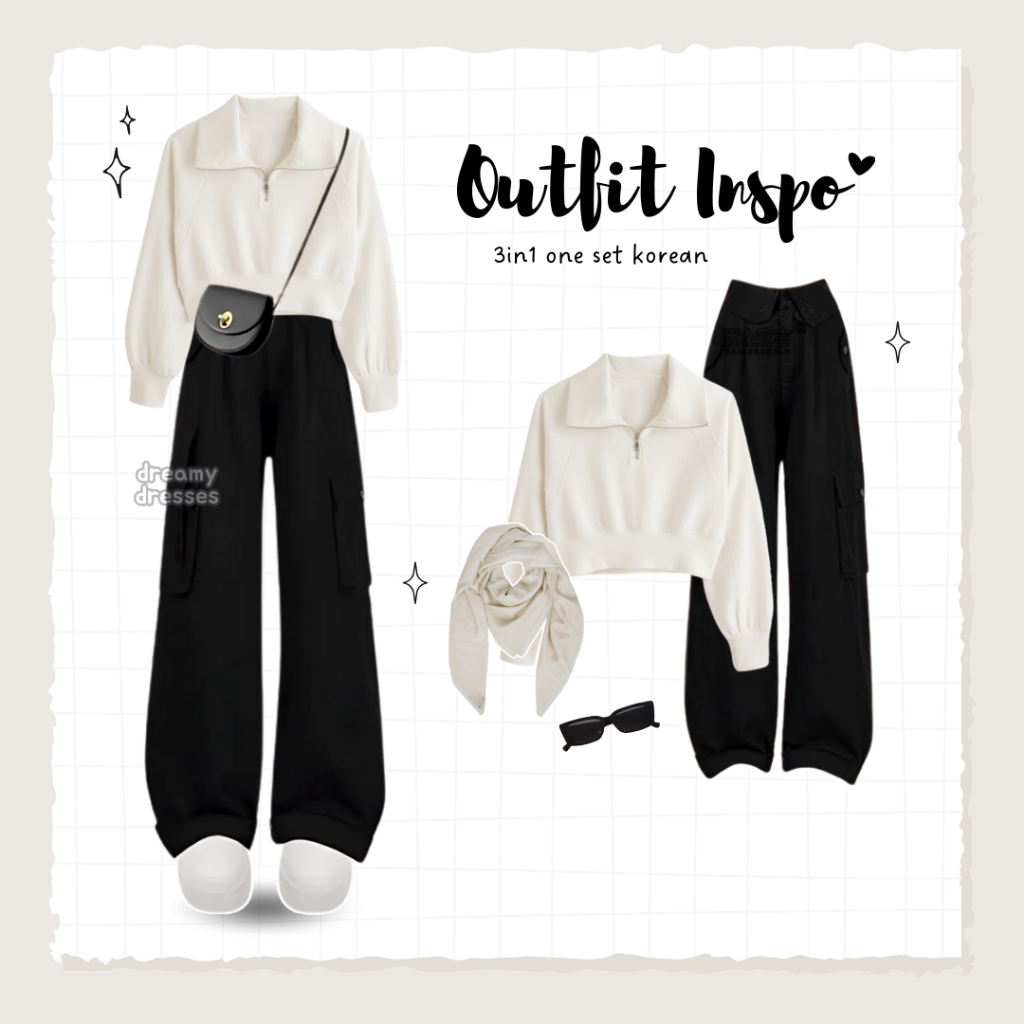 dreamy - 4in1 One Set Korean Style Set Wanita Hijab Outfit Skena Cewe Sweater Celana - Set 279