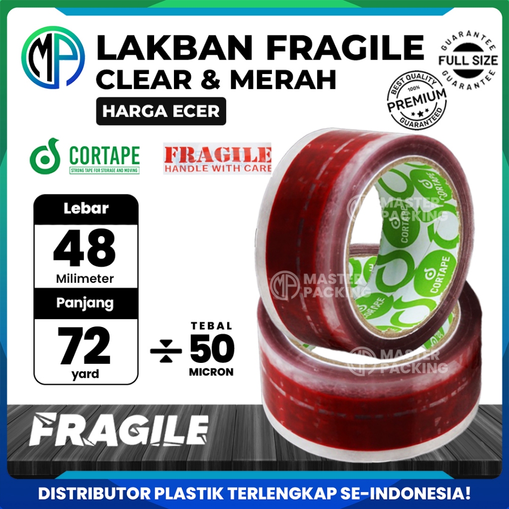

Lakban / Selotip / OPP Tape Printing Fragile Clear Bening 2inch 48mm x 72 yard Cortape Harga Satuan