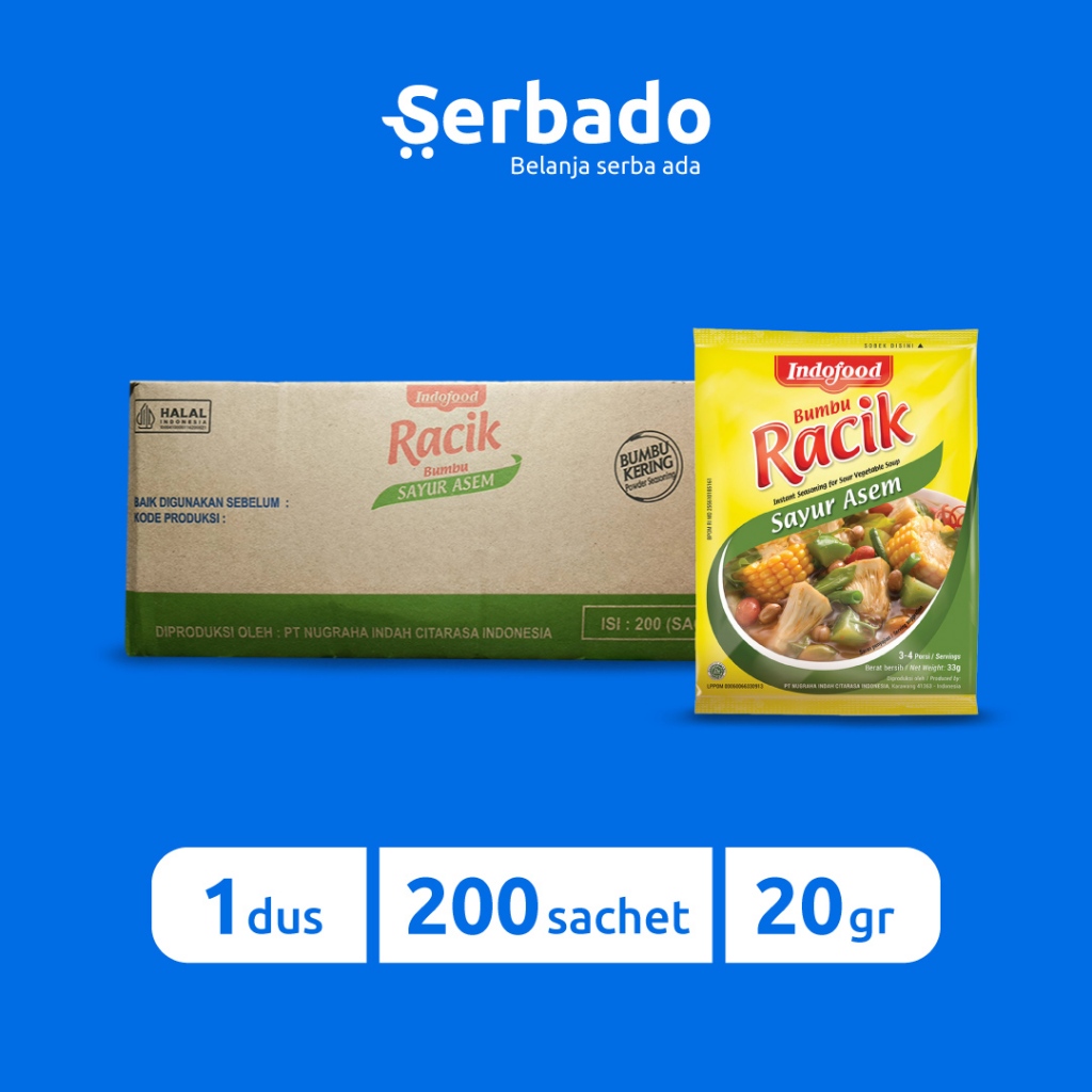 

Racik Bumbu Indofood Sayur Asem Kemasan 33gr 1 Dus (Isi 200 sachet)