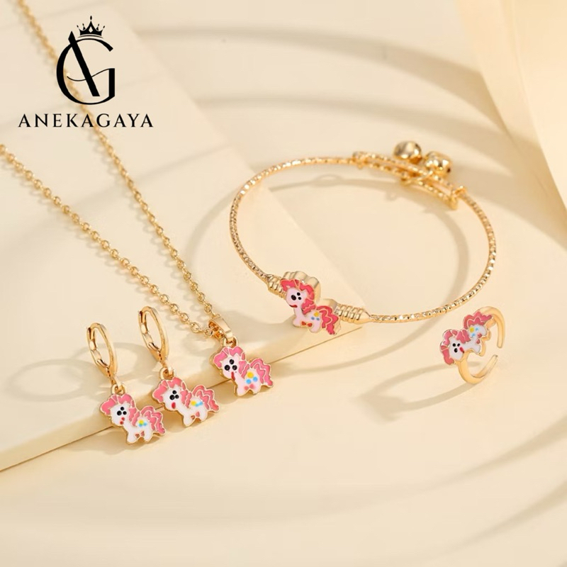Perhiasan anak 1 set kalung+antin+cincin+gelang kuda poni titanium anti karat dan tidak luntur model