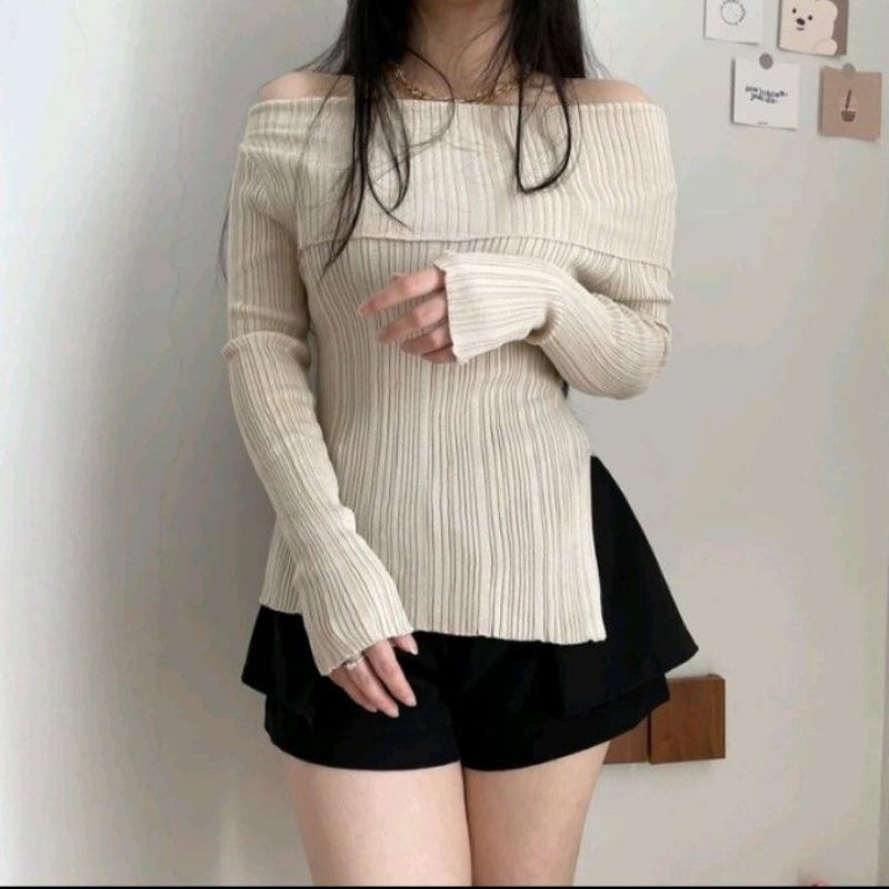 [Rose - BLACKPINK] Off Shoulder Sabrina Knit Wanita Korean Import Top Terbaru