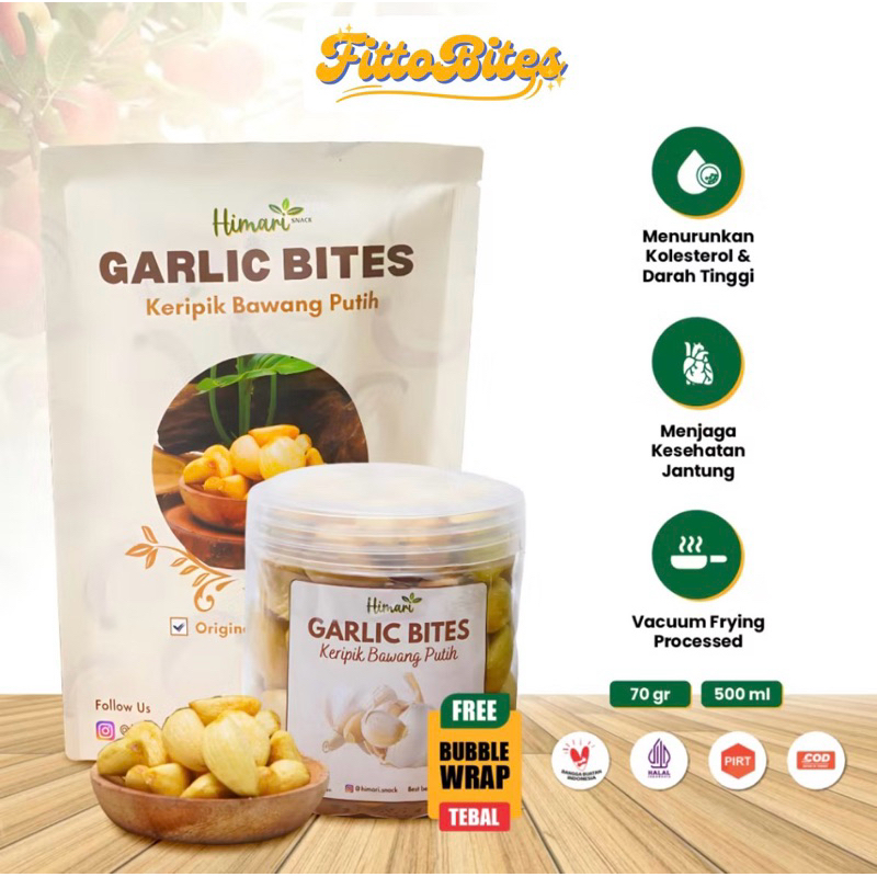 

Keripik Bawang Putih Fittobites Garlic Bites Snack Cemilan Sehat Kemasan Pouch 70gr dan Toples 350-500ml