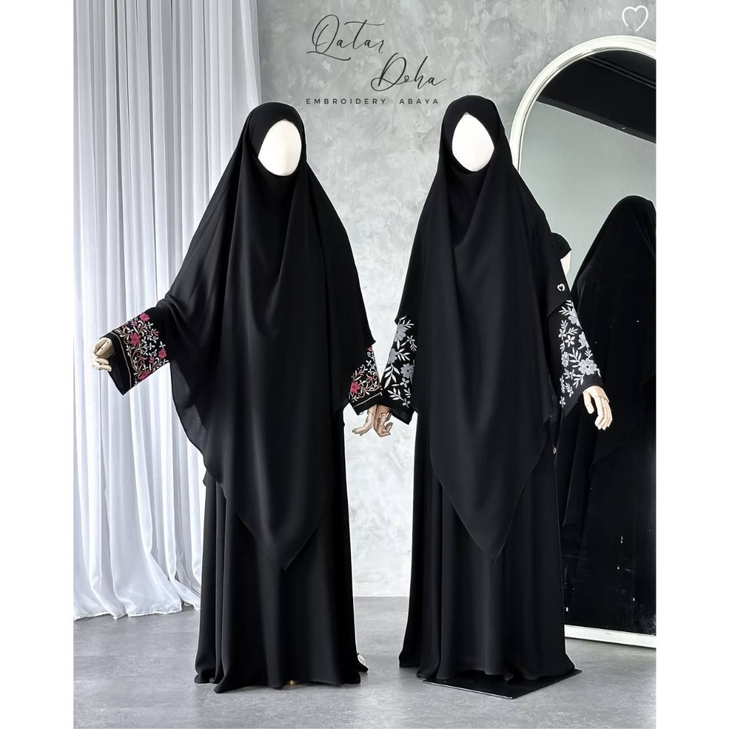 [READY] Mahira | Qatar & Doha Abaya Dress Gamis Baju Set French Khimar Bergo Nonpad Jetblack