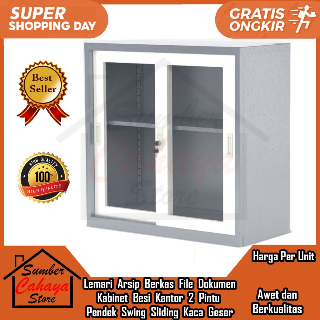 [Instant] Lemari Almari Arsip Berkas File Dokumen Besi Kantor 2 Pintu Pendek Sliding Sleding Tempat 