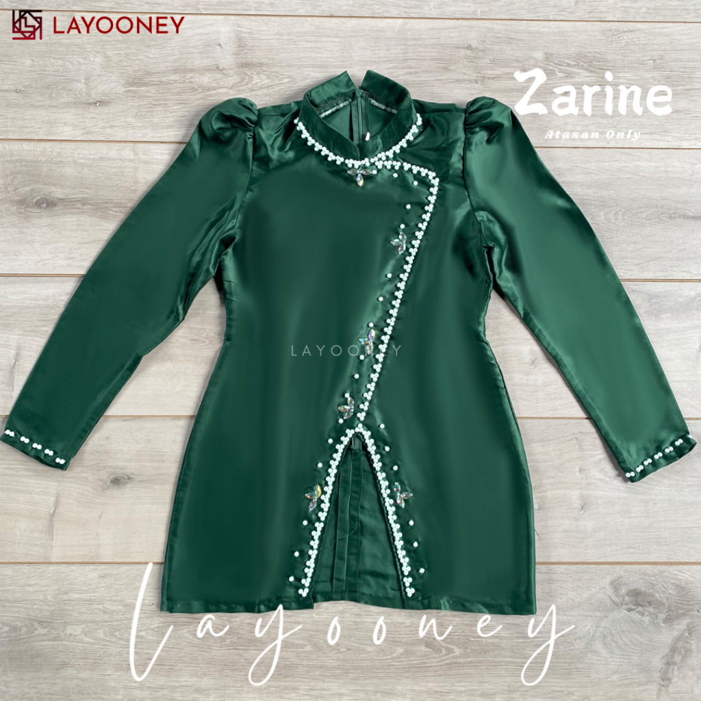 Zarine Atasan Baju Kurung Melayu Wanita Slimfit Kondangan Tunik Kebaya Pesta Satin Hijau Botol