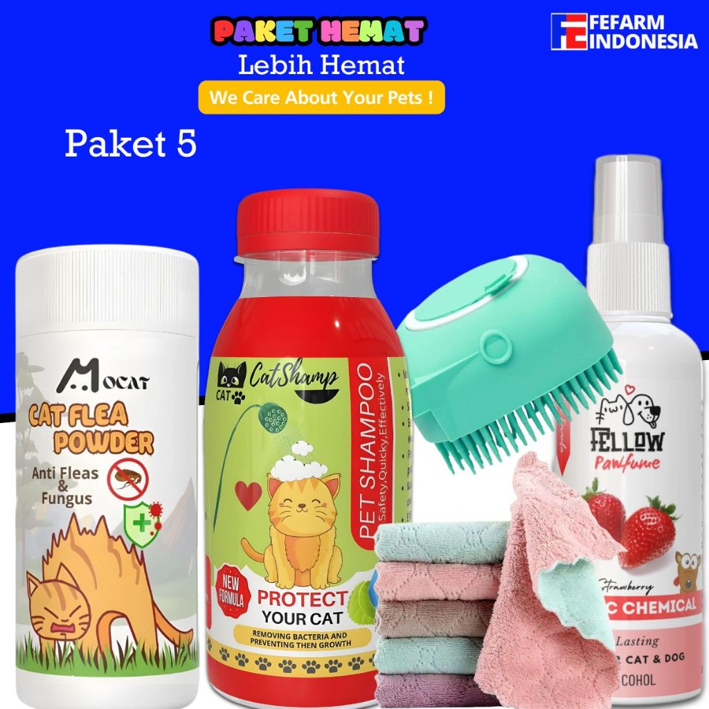 Paket Grooming Kucing Shampo Anti Kutu Jamur Gatal Handuk Bedak Sikat Mandi Isi Ulang Fefarm