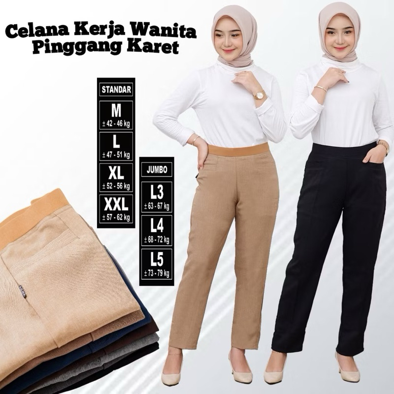 celana kerja WANITA JUMBO PINGGANG KARET kain wol impor premium HIGHWAIST