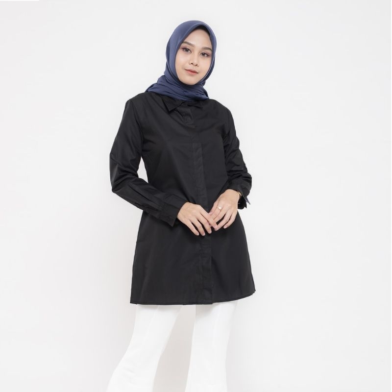 Kemeja tunik hitam polos formal kerja wanita bahan katun premium import big size jumbo 7L
