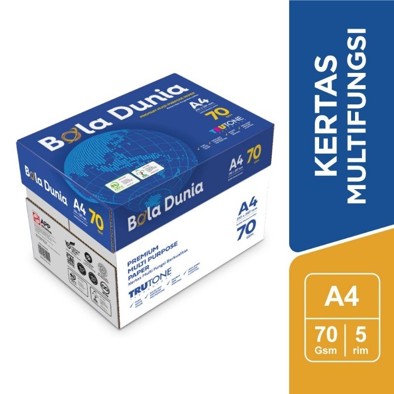 

Kertas HVS A4 70 Gram Bola Dunia 1 Box isi 5 Rim